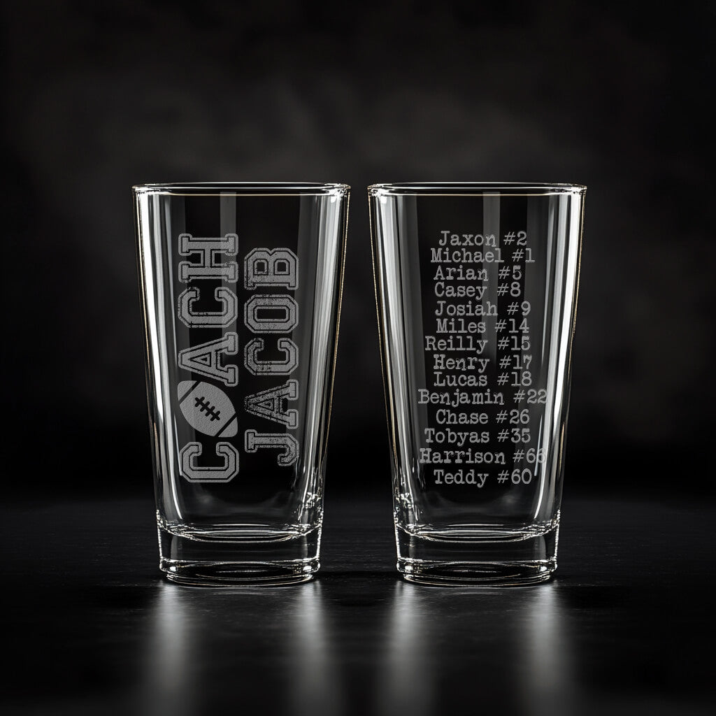 Personalized Football Coach Beer Glass – Custom Engraved Pint – Team Logo, Name & Year Gift for Coach