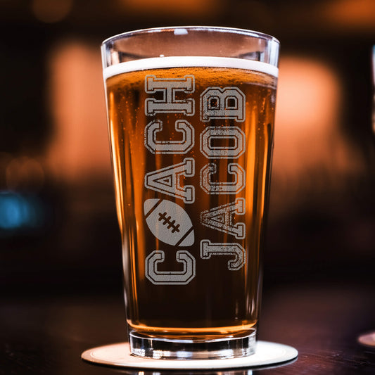 Personalized Football Coach Beer Glass – Custom Engraved Pint – Team Logo, Name & Year Gift for Coach