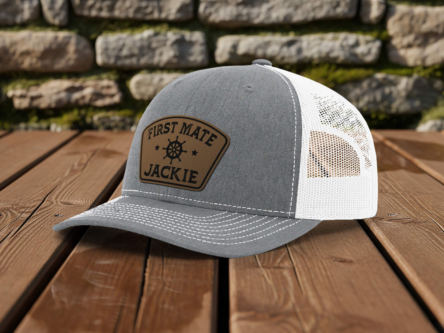 Custom Captain Hat with Engraved Leather Patch – Personalized First Mate Boating Hat Gift