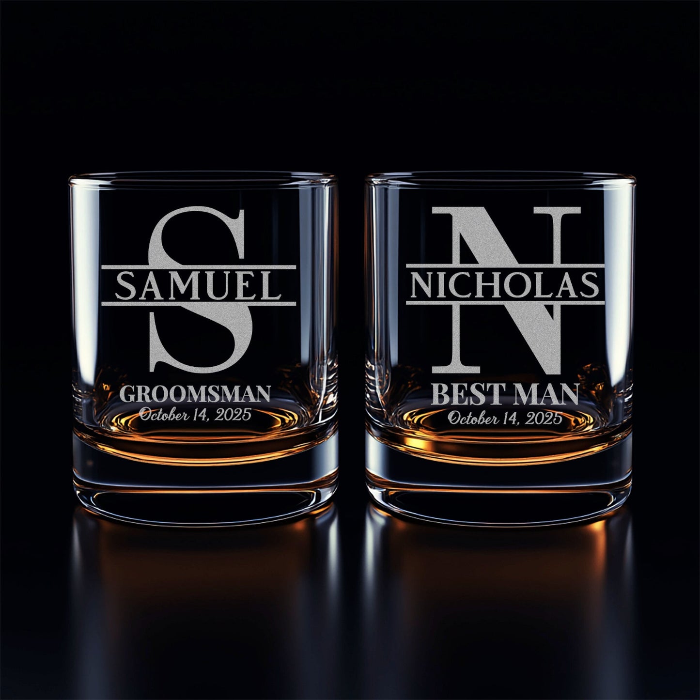 Two personalized glass tumblers with engraved names on a black background