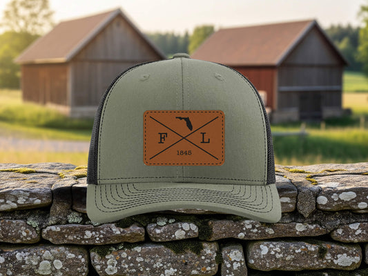 Custom Trucker Hat with 50 US States Leather Patch | Engraved 50 US States & Established Year | Personalized Gift for Men, Dad, State Roots