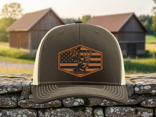 Deer American Flag Patch Hat, Leather Engraved Buck Antlers Cap, Hunting Hat, Patriotic Hat for Men, Leather Patch Hat, Outdoorsman Gift