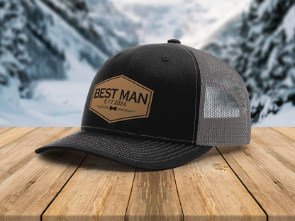 Groom Hat with Custom Leather Patch | Personalized Richardson 112 Wedding Hat | Best Man, Groomsmen, Wedding Favor, Announcement