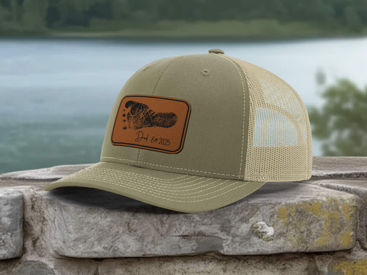 Personalized Baby Footprint Trucker Hat – Custom Engraved Leather Patch Newborn Gift