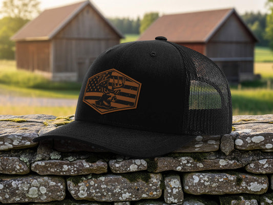 Deer American Flag Patch Hat, Leather Engraved Buck Antlers Cap, Hunting Hat, Patriotic Hat for Men, Leather Patch Hat, Outdoorsman Gift