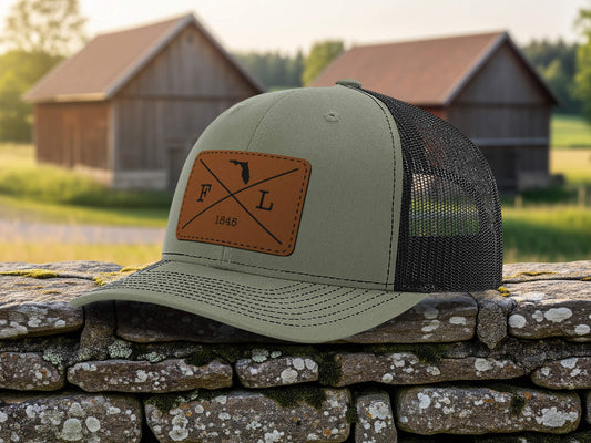 Custom Trucker Hat with 50 US States Leather Patch | Engraved 50 US States & Established Year | Personalized Gift for Men, Dad, State Roots