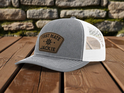 Custom Captain Hat with Engraved Leather Patch – Personalized First Mate Boating Hat Gift