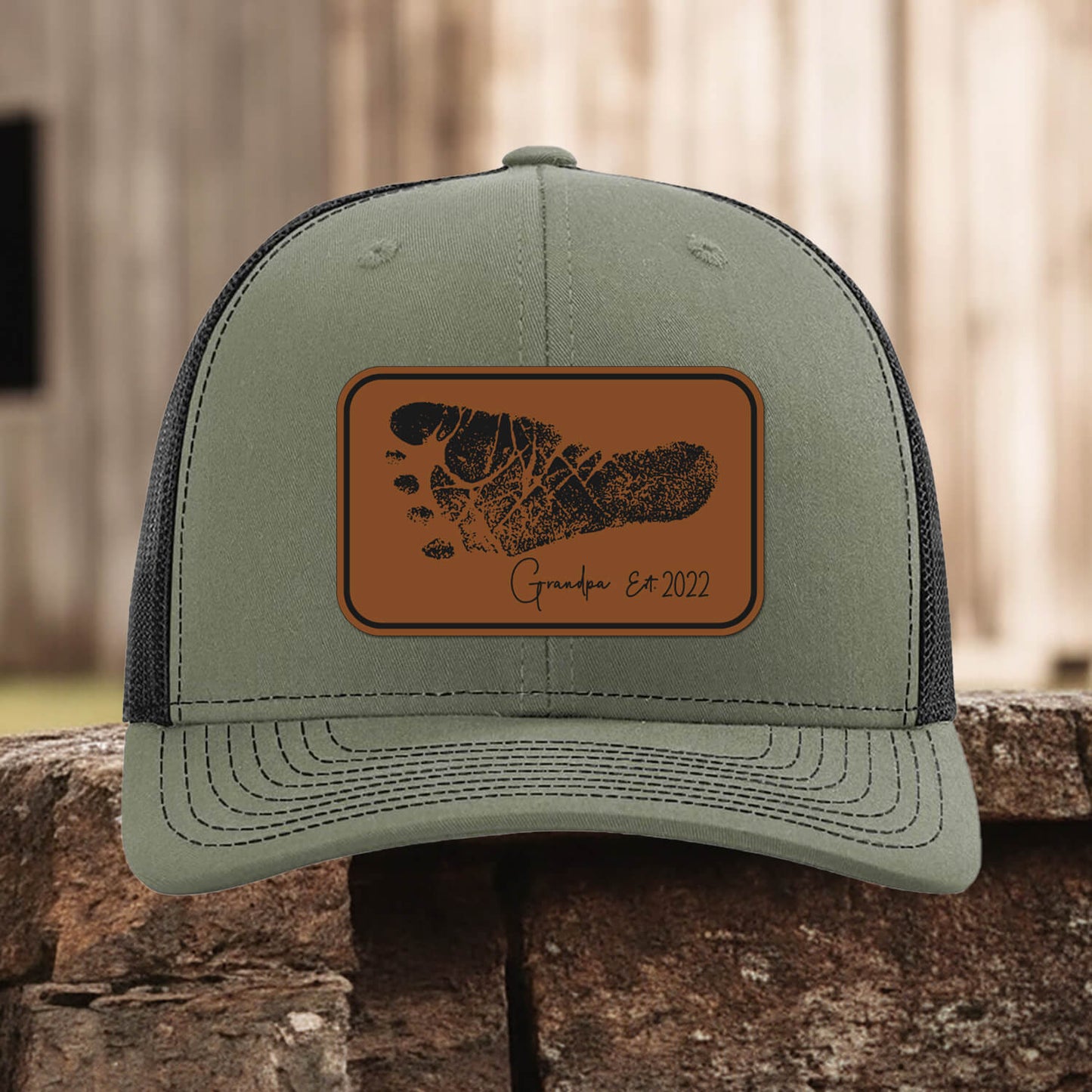 Personalized Baby Footprint Trucker Hat – Custom Engraved Leather Patch Newborn Gift