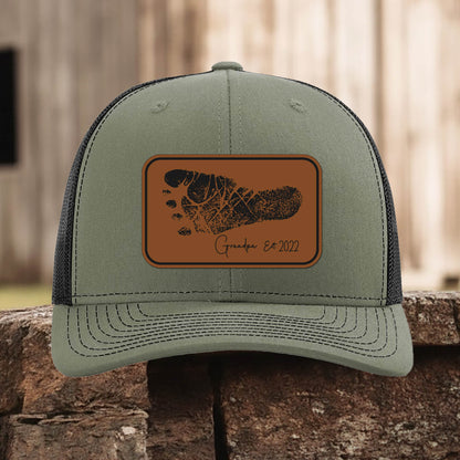 Personalized Baby Footprint Trucker Hat – Custom Engraved Leather Patch Newborn Gift