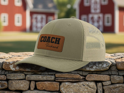 Engraved Coach Hat, Personalized Basketball Coach Cap, Custom Leather Patch Hat, Gift for Coach Dad, Fathers Day Gift for Him, Team Logo Hat