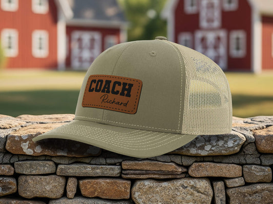 Engraved Coach Hat, Personalized Basketball Coach Cap, Custom Leather Patch Hat, Gift for Coach Dad, Fathers Day Gift for Him, Team Logo Hat