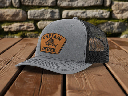 Custom Captain Hat with Engraved Leather Patch – Personalized First Mate Boating Hat Gift