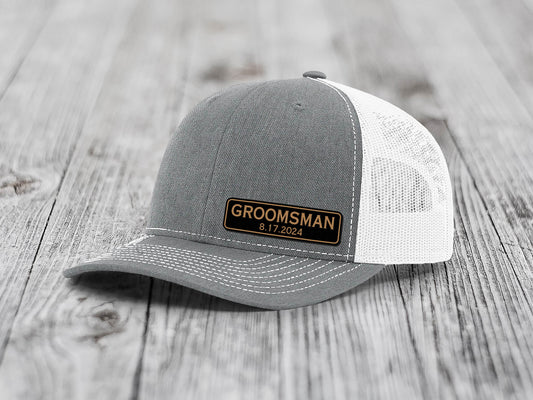 Groom Hat with Custom Leather Patch | Personalized Richardson 112 Wedding Hat | Best Man, Groomsmen, Wedding Favor, Announcement