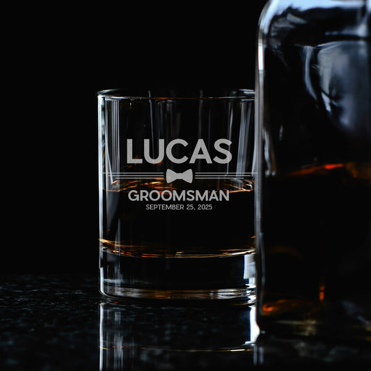Engraved Groomsmen Whiskey Glass – Custom Bourbon Rocks Glass Gift for Groom, Best Man, Ushers, Wedding Squad